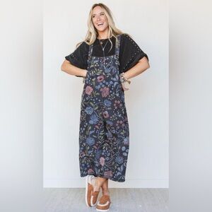 EUC Three Bird Nest High Hopes Slouchy Denim Overalls Floral Black Oversized XL